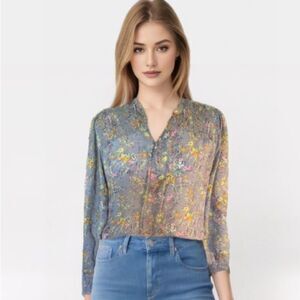 Alex & Lilli Gray Floral Sheer Smocked Boho Blouse Top Size L